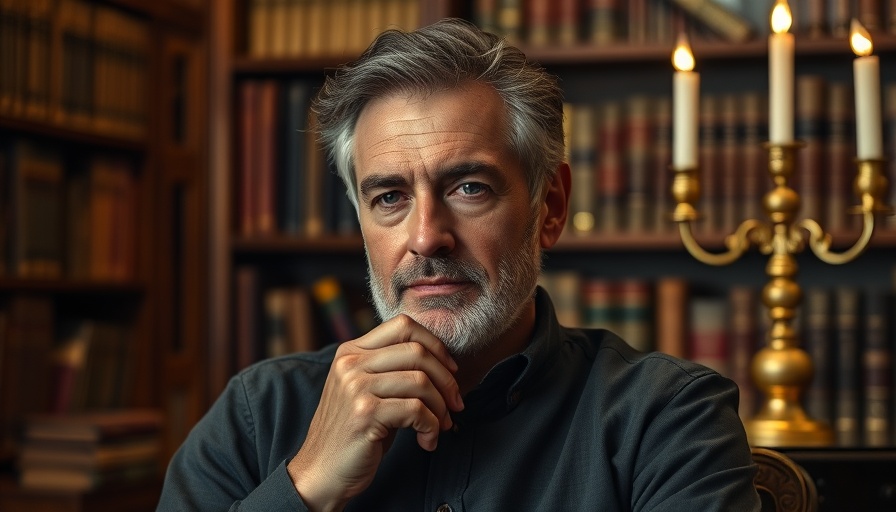 Thoughtful mature man in studio, library background, Regeneration and Faith Healing theme.