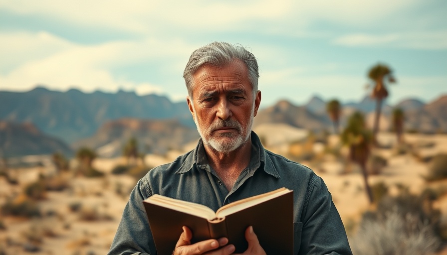 Serious man holding a book in a desert landscape.