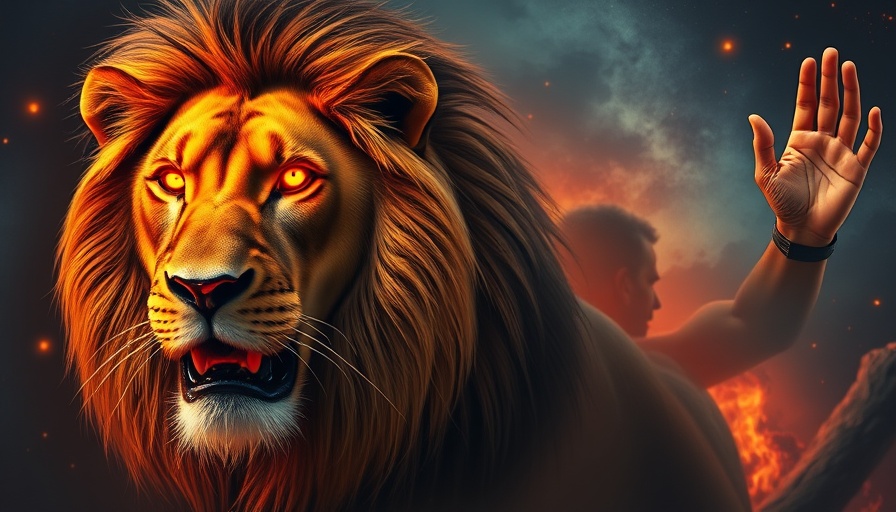 Joseph Z themed cosmic lion illustration beside a man.