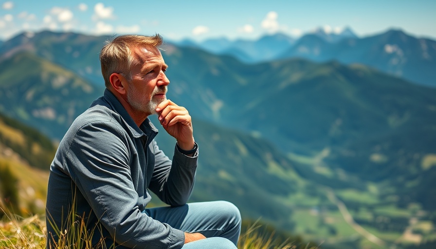 God Promise Prosperity: Contemplative man near green mountain landscape.