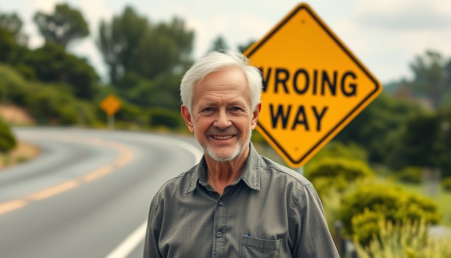 Lance Wallnau smiling in front of wrong way sign on a road.