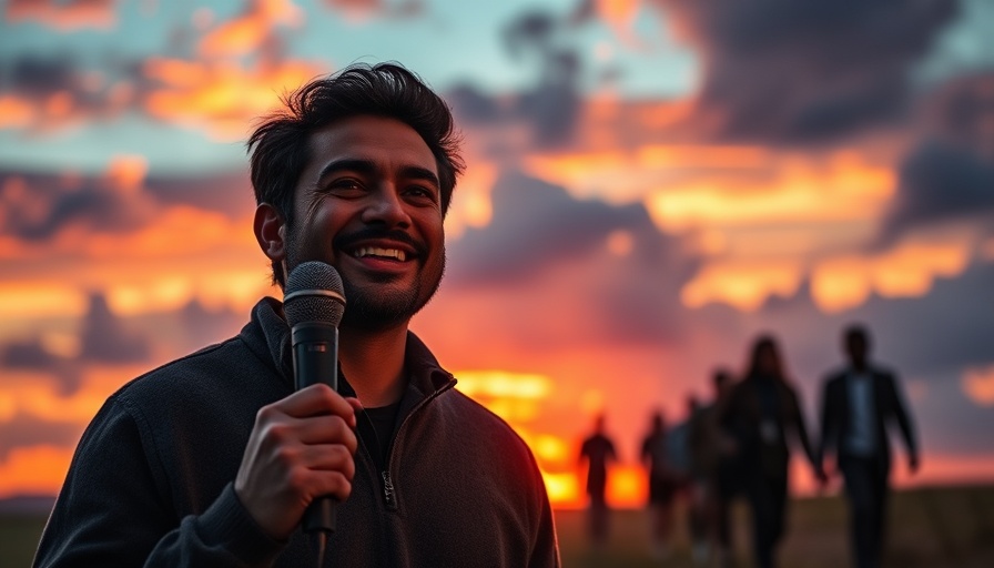 JosephZ speaker smiling, holding a microphone, vibrant sunset.
