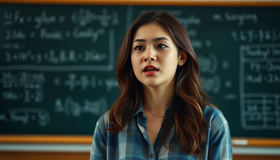 Classroom discussion scene with young woman and chalkboard.