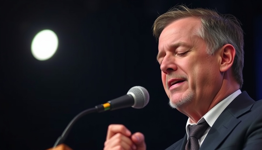 Middle-aged man speaking passionately on stage about spiritual warfare.