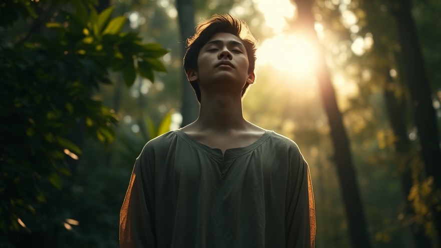 A serene figure in tan linen experiences personal breakthroughs in spiritual warfare, bathed in dappled sunlight.