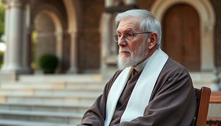 Elderly man contemplating church attendance, seeking to reignite interest.