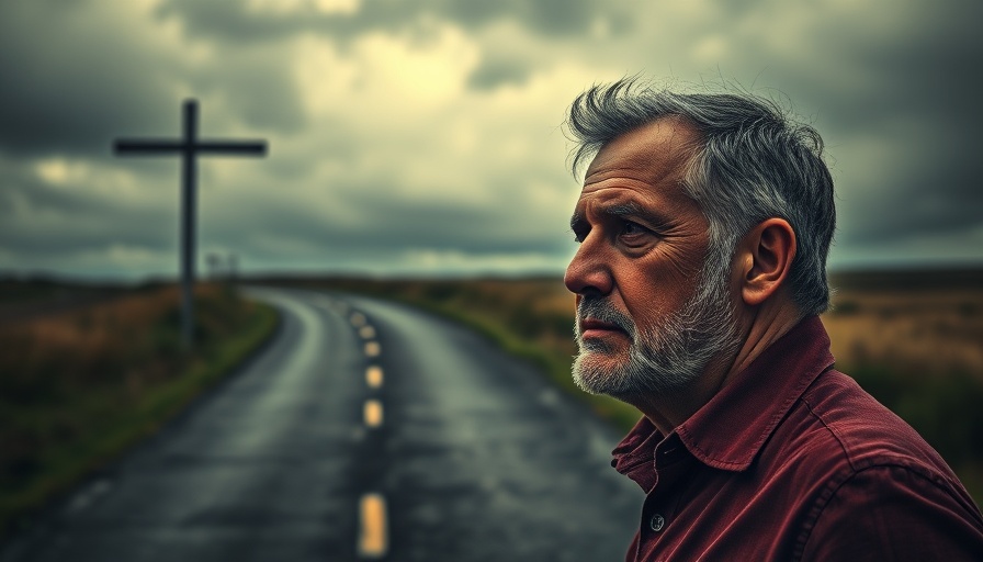 Contemplative man at a spiritual crossroads, pondering choices.