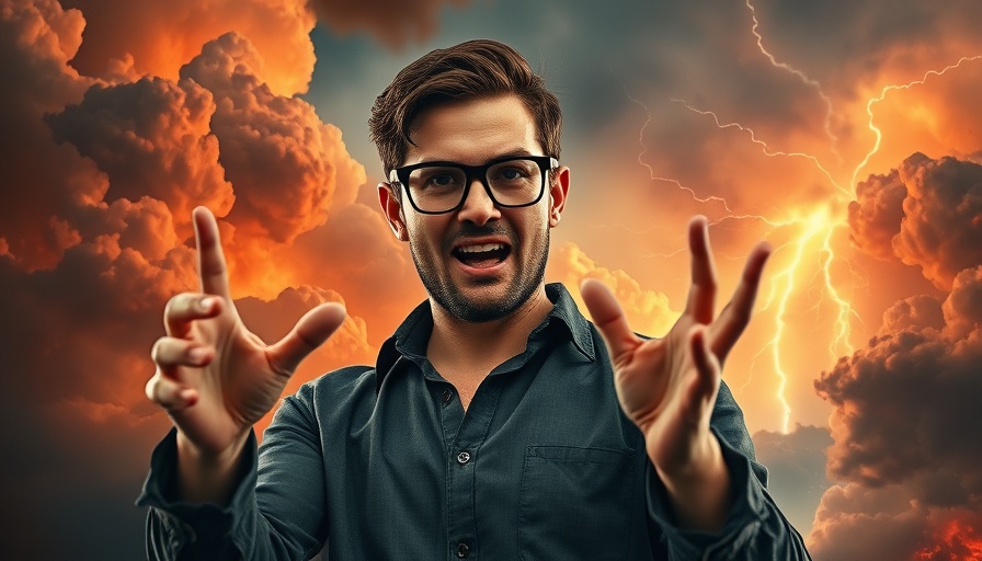 JosephZ image with man gesturing dramatically in front of a stormy background.
