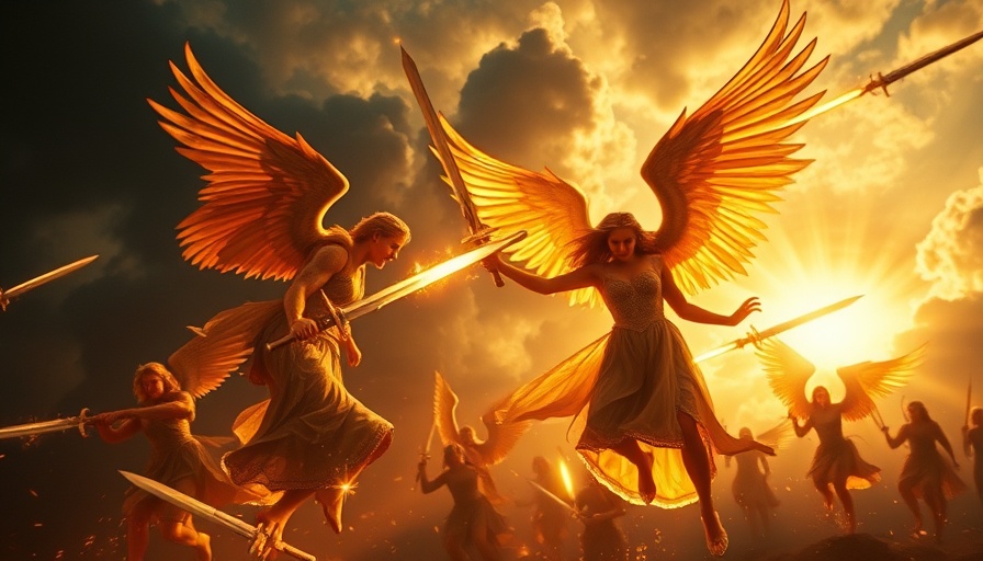 Dramatic angelic battle with fiery angels in stormy sky.