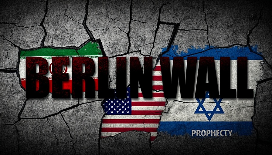 Dramatic Berlin Wall Prophecy poster with flags of Iran, USA, Israel.