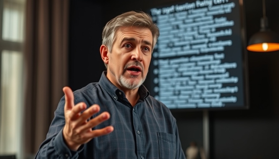 Middle-aged man discussing spiritual battle behind headlines, animated gesture.
