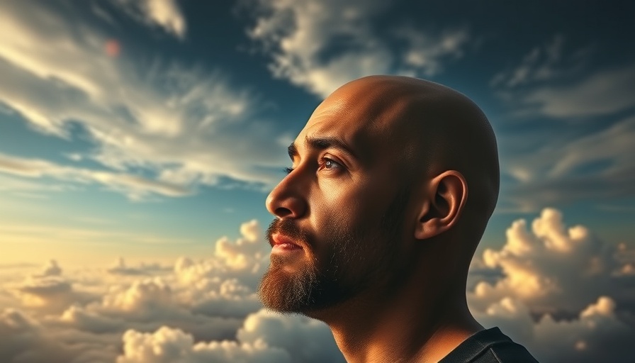 Thoughtful man reflecting with angels as eternal companions in celestial background.