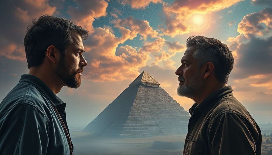 Surreal depiction of men exploring civilization before Adam