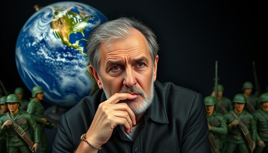 Concerned man pondering world tensions with toy soldiers and globe, Stop World War 3.