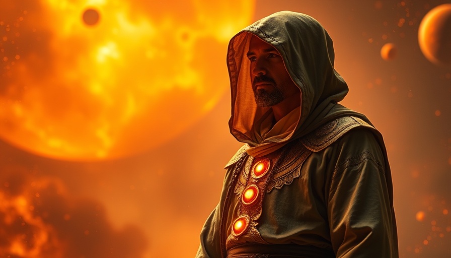 Mysterious cloaked figure amidst a fiery celestial background.