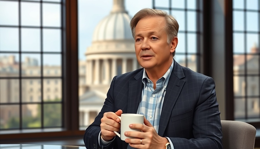 Talk show host holding a mug during a live broadcast.