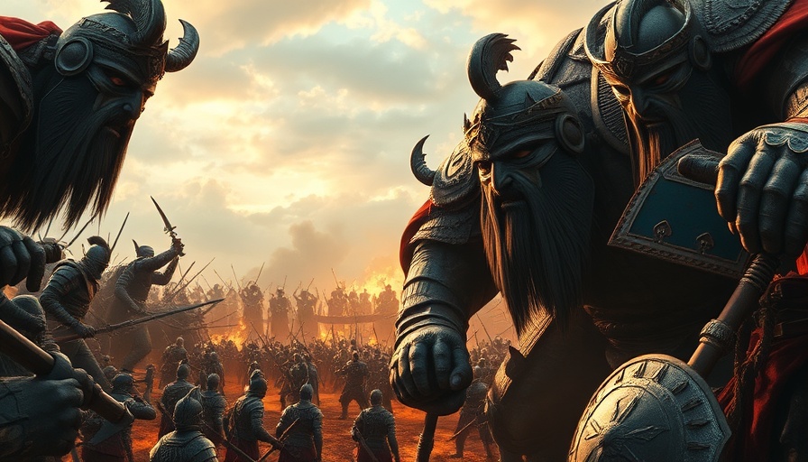Epic battle scene with giant warriors, JosephZ theme