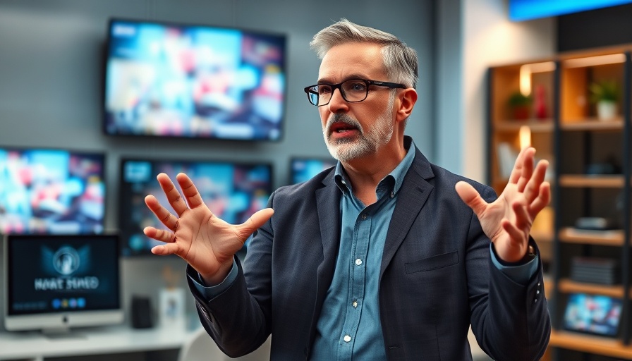 Middle-aged man on talk show set passionately gesturing.