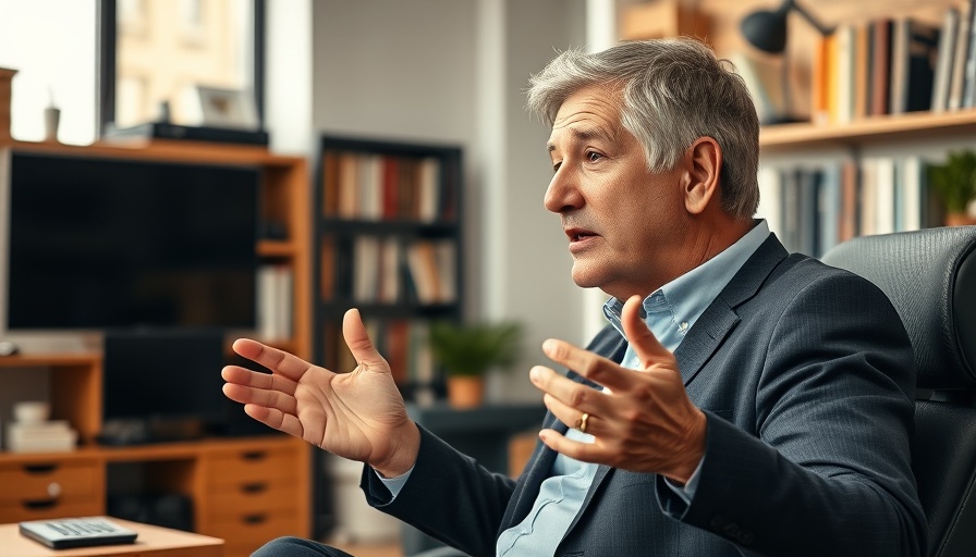 Mature man gesturing energetically in a studio setting.
