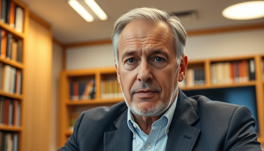 Man speaking in a library office on a video call.