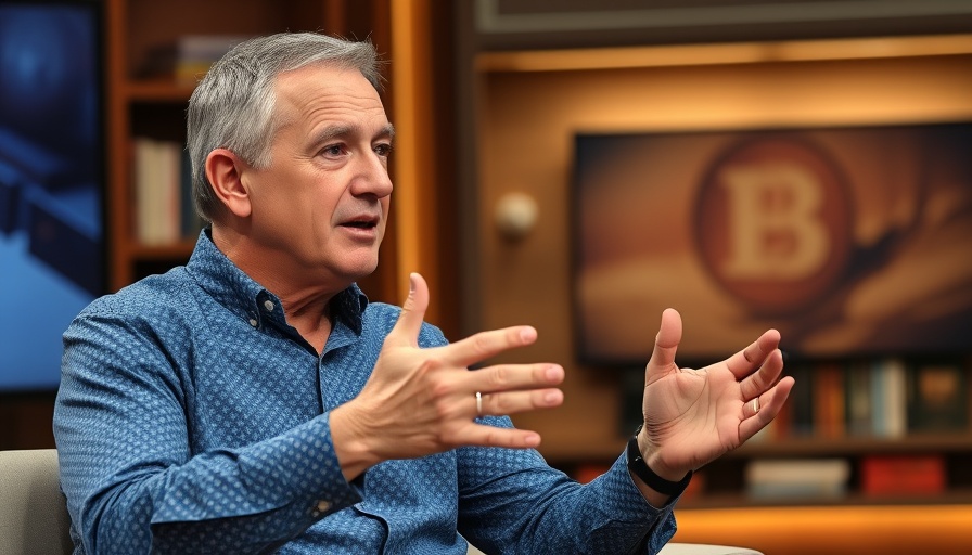 Middle-aged man on talk show gesturing animatedly in studio setting.