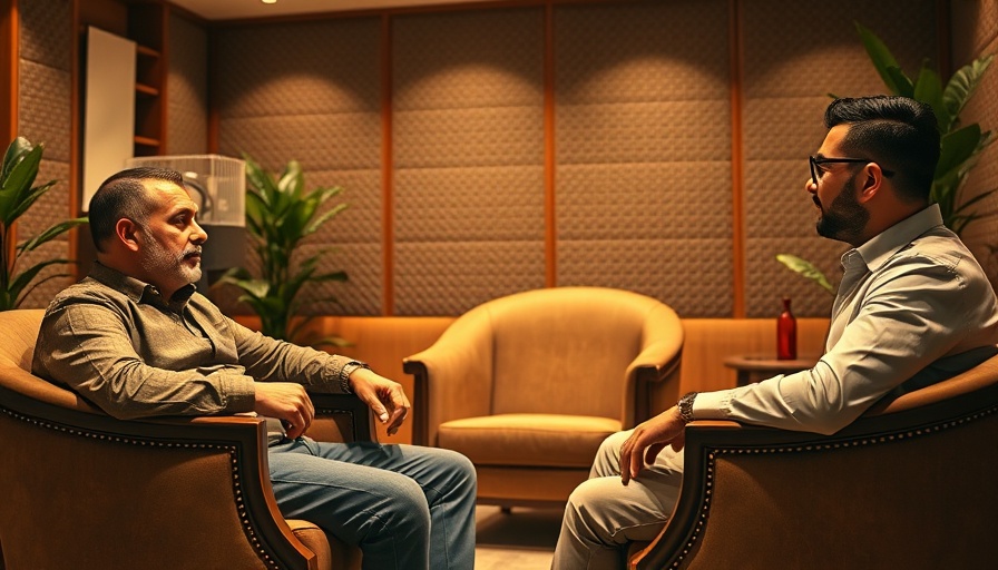 Three men discussing in a studio, cozy ambiance.