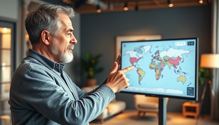 Mature man explaining a map on screen in a modern studio.