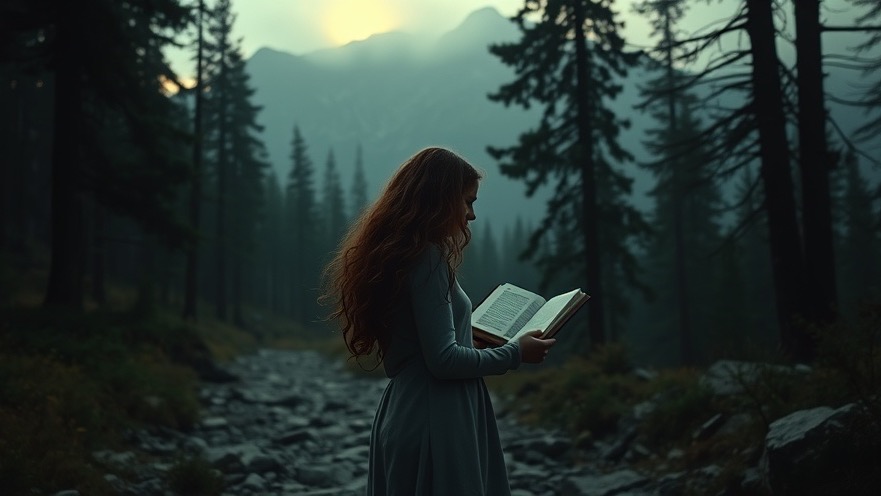A woman finds personal breakthrough in spiritual warfare while reading the Bible in a misty forest.