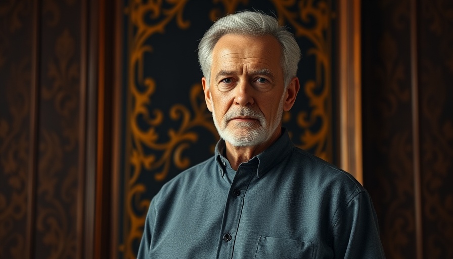 Confident man recommitting, standing still, ornate background.