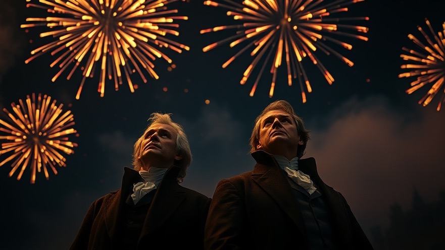Contemplative figures of Adams and Jefferson under July 4th fireworks, reflecting on its history.