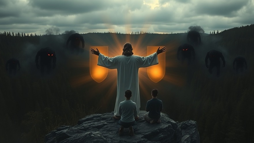Breakthrough revival scene with Jesus protecting believers, amid dark creatures.