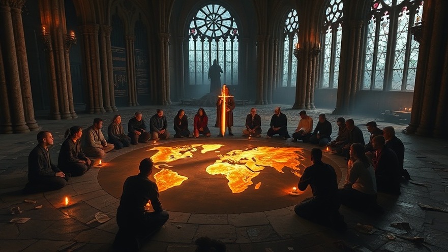 Spiritual warfare scene with intercessory prayer in a ruined cathedral at twilight.