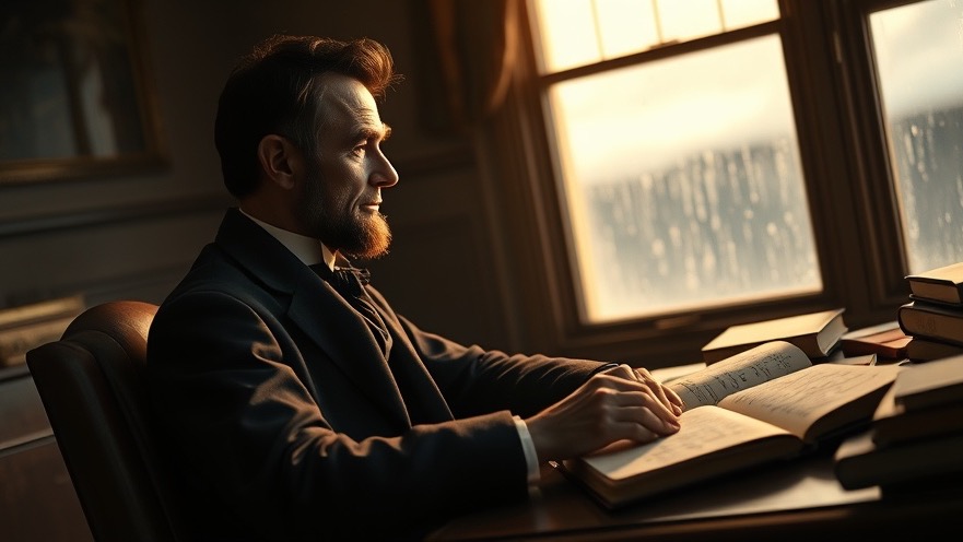 Abraham Lincoln reflects on self-doubt and prophetic insights in a dimly lit room.