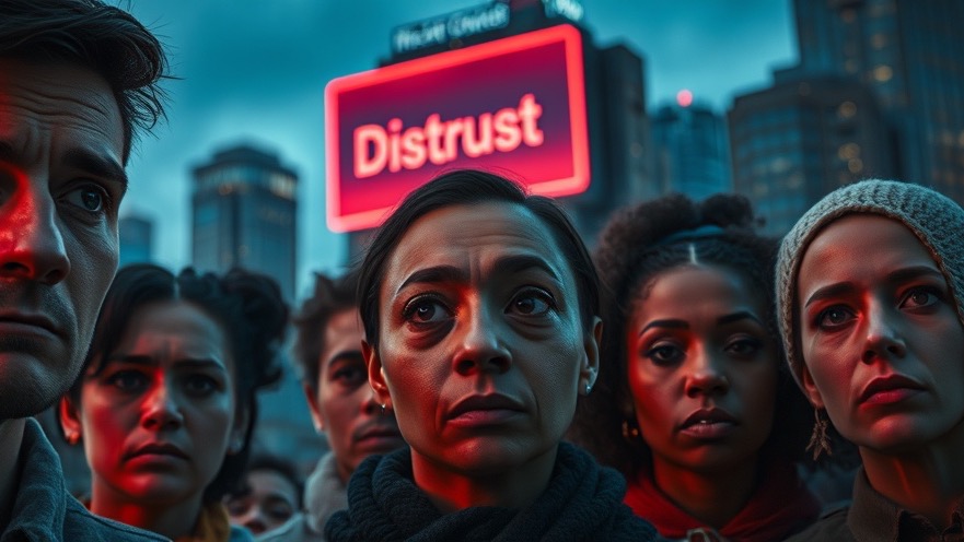 A diverse group reflects distrust in government amidst a tense cityscape, echoing Lance Wallnau's insights.