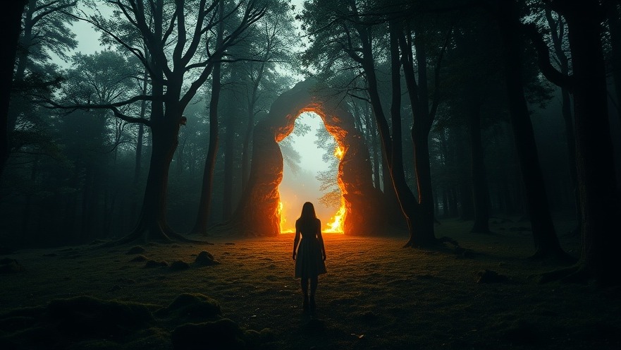 Young woman in forest gazes at fiery portal, embodying faith-driven conservatives' empowerment.