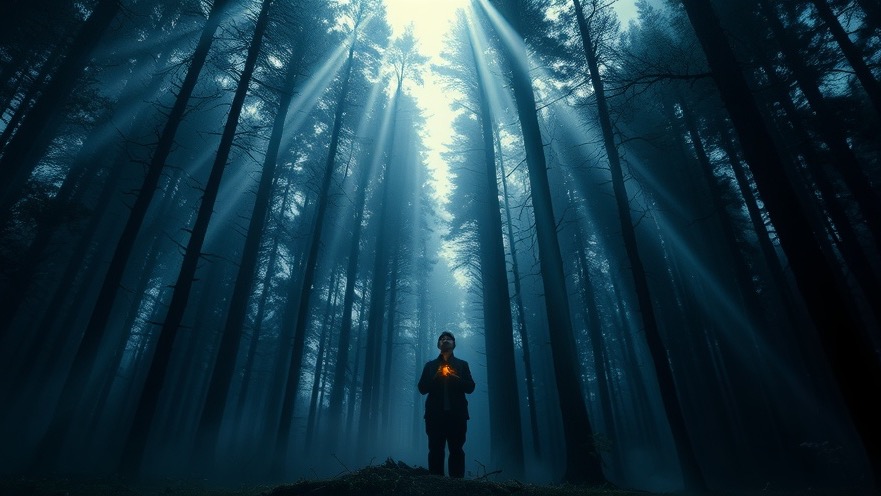 A figure in prayer amidst a mystical forest, embodying Dutch Sheets' spiritual warfare themes.