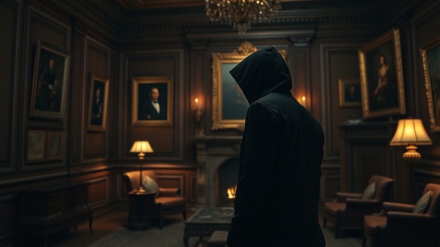 Tense scene in a Victorian mansion, reflecting Mario Murillo's themes of political manipulation.
