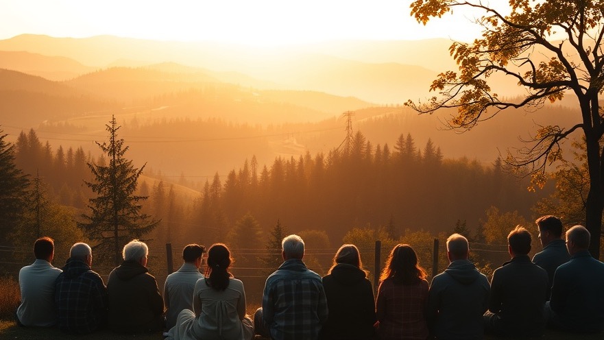 Serene dawn landscape with diverse people in spiritual visualization and reflection.