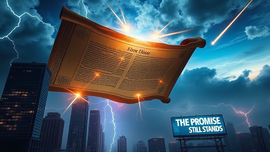 Ancient scroll unrolling in the sky, revealing prophetic promises amidst chaos.