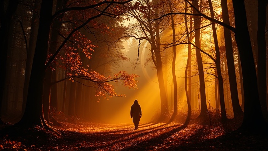 A serene figure walks through a mystical Saturnian forest, embodying November prophetic insights.