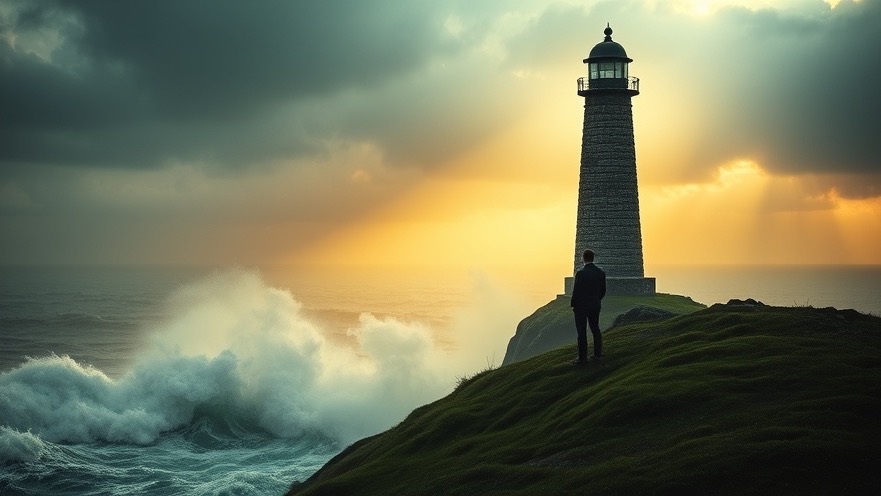 A solitary figure on a hill seeks prophetic insight amid crashing waves and serene light.