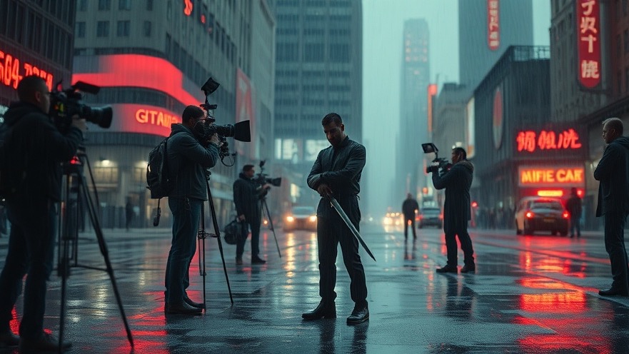 Behind-the-scenes of a gritty Christian film, capturing a tense scene in a rain-soaked dystopia.