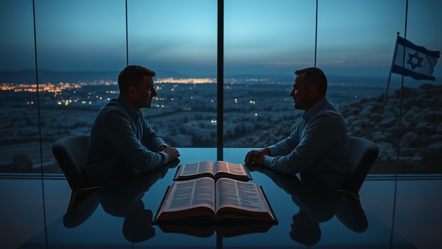 Deep conversation on Christian Zionism in a modern office, Bible illuminated by dawn.