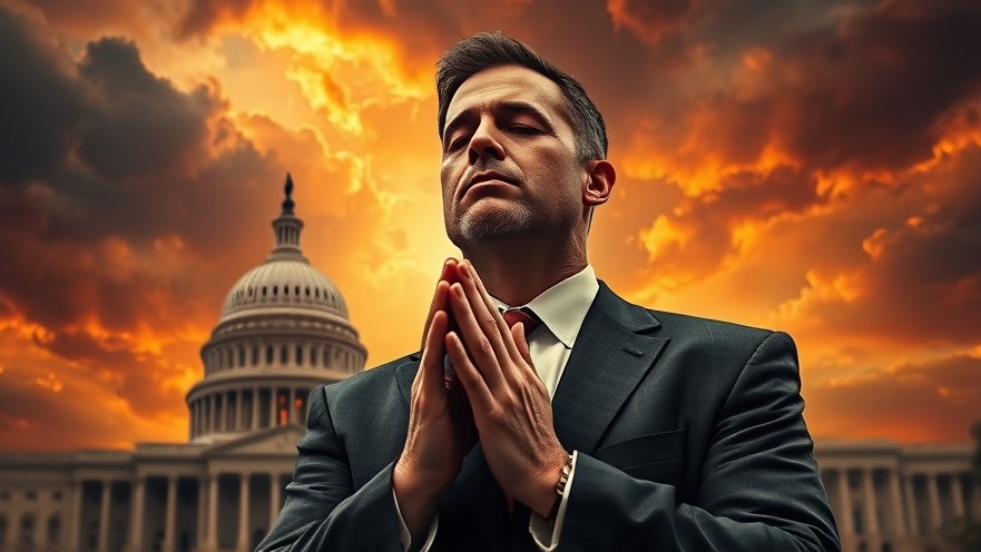Man in suit praying intensely for prophetic gifts at US Capitol with stormy backdrop.