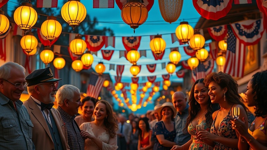 Diverse Americans celebrate unity and faith under glowing lanterns at blue hour, embracing the spirit of America revival.