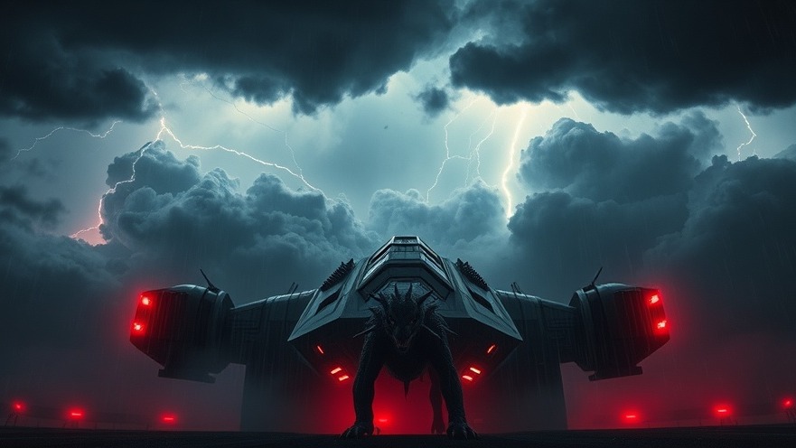 Dramatic scene with a futuristic creature amidst stormy skies and hints of L.A. Marzulli's prophecies.