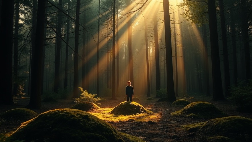 A serene figure in a sunlit forest symbolizing a spiritual journey and personal breakthroughs.