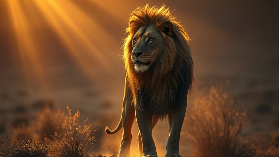 A fierce lion in a Middle Eastern landscape, symbolizing prophetic voices and spiritual transformation.