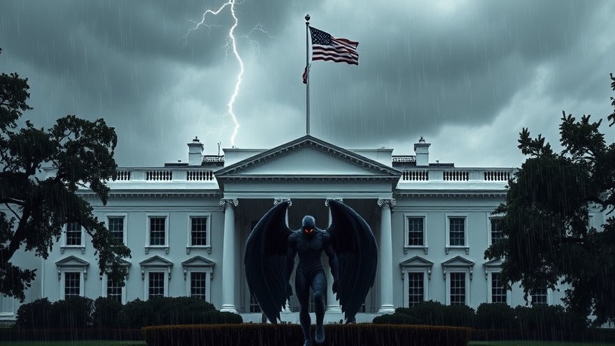 A dark, winged figure stands before the White House, embodying spiritual warfare themes.