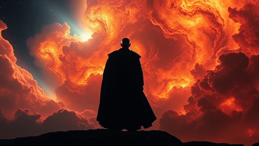 Lance Wallnau in cosmic warfare, silhouetted against fiery galaxies.